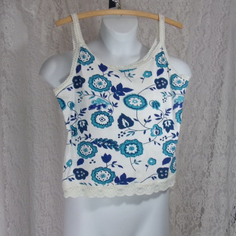 Camisole Top White with Blue Floral Bling Sequin :Lace Accents NWOT